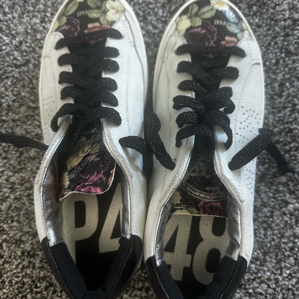 Women's White Leather Sneakers with Black Laces and Floral Trim